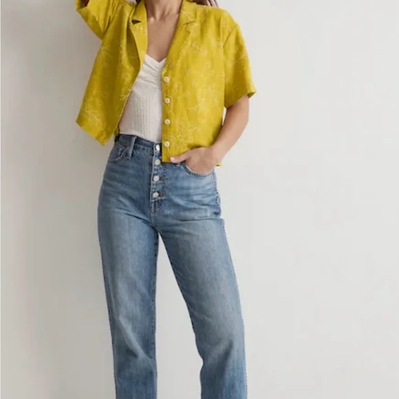 MADEWELL Embroidered Linen-Blend Resort Crop Shirt Medium - Picture 2 of 5